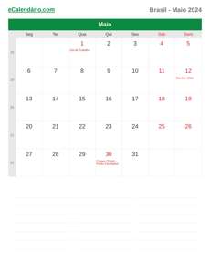 Calendário 2024 Maio