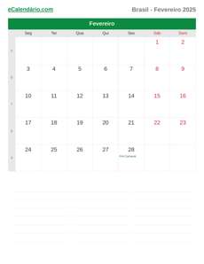 Calendário 2025 Fevereiro