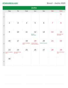 Calendário 2025 Junho