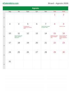 Calendário 2026 Agosto