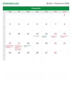 Calendário 2026 Fevereiro