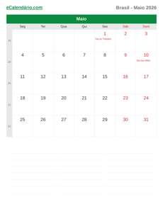 Calendário 2026 Maio