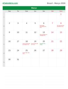 Calendário 2026 Março