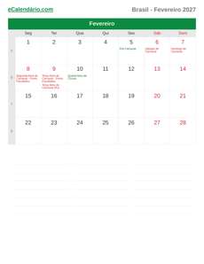 Calendário 2027 Fevereiro
