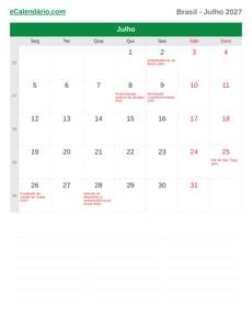 Calendário 2027 Julho