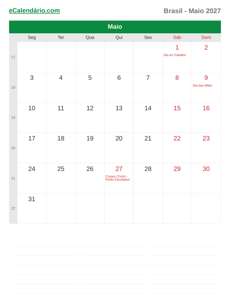 Calendário 2027 Maio