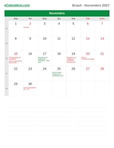 Calendário 2027 Novembro