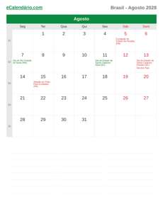 Calendário 2028 Agosto