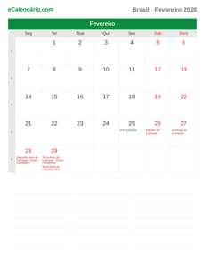 Calendário 2028 Fevereiro