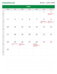 Calendário 2028 Julho