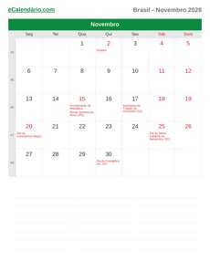 Calendário 2028 Novembro