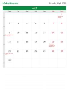 Calendário 2029 Abril