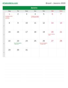 Calendário 2029 Janeiro