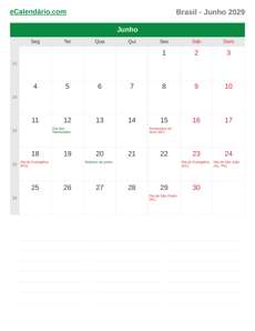 Calendário 2029 Junho