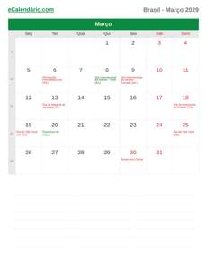 Calendário 2029 Março