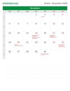 Calendário 2029 Novembro