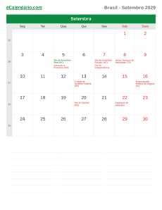 Calendário 2029 Setembro